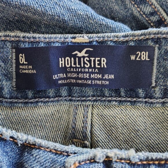 HOLLISTER High Rise Mom Jean Women's 6L 6 Long Tall Distressed Stretch Jeans - Picture 3 of 4